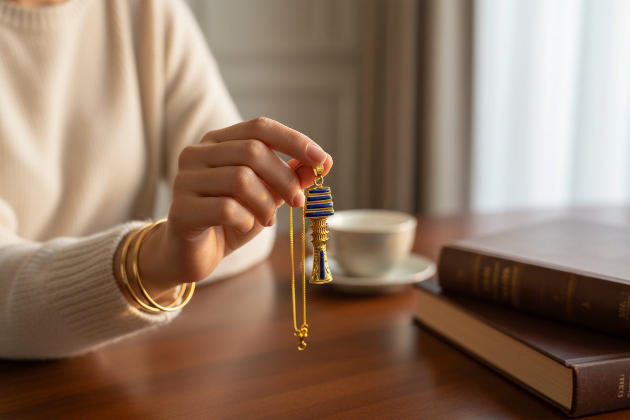 Gold Lapis Lazuli Djed Pillar Pendant, Egyptian Talisman Necklace