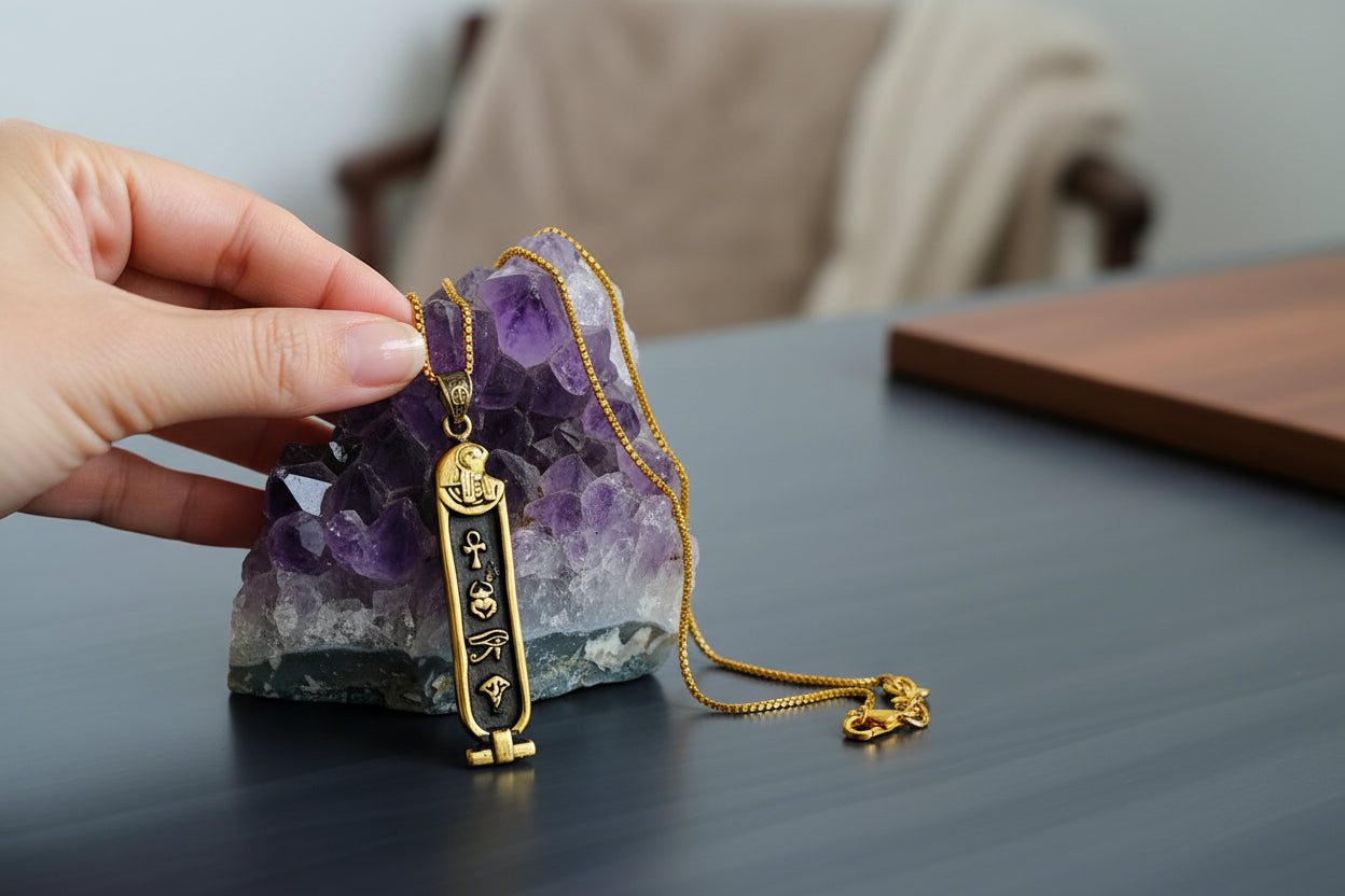 Gold God Horus Cartouche Necklace, Egyptian Jewelry, Gift For men and Women