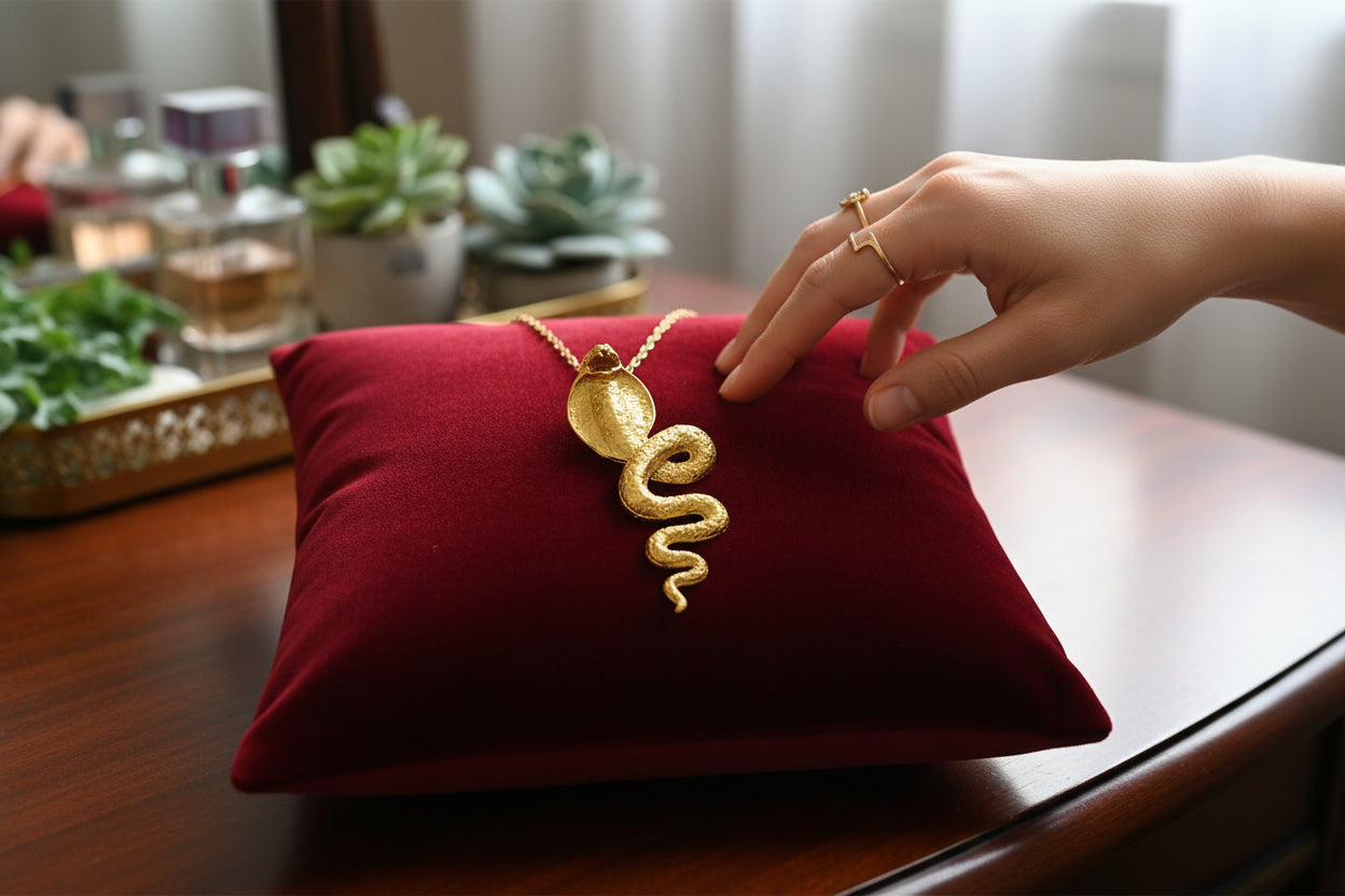 Large Gold Wadjet Snake Pendant Necklace, Egyptian Goddess Jewelry