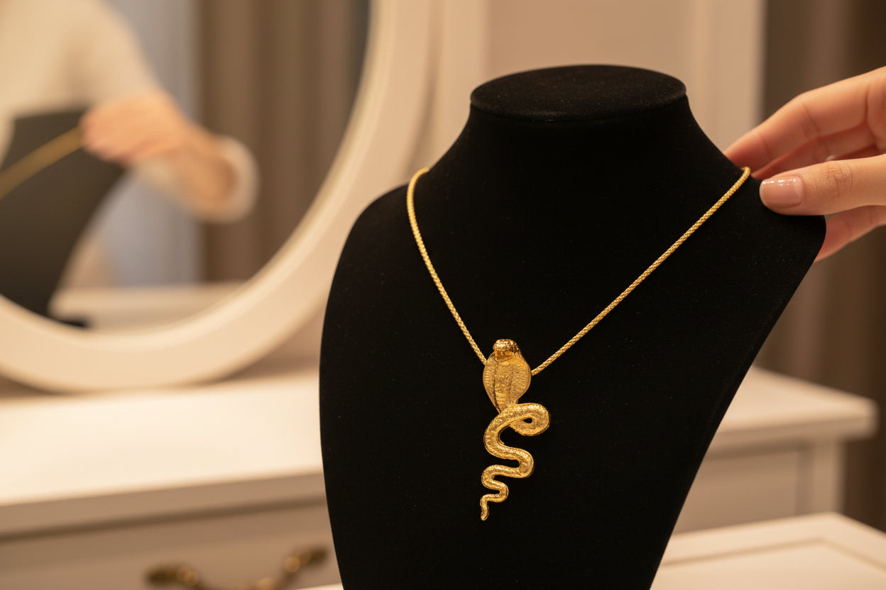Large Gold Wadjet Snake Pendant Necklace, Egyptian Goddess Jewelry
