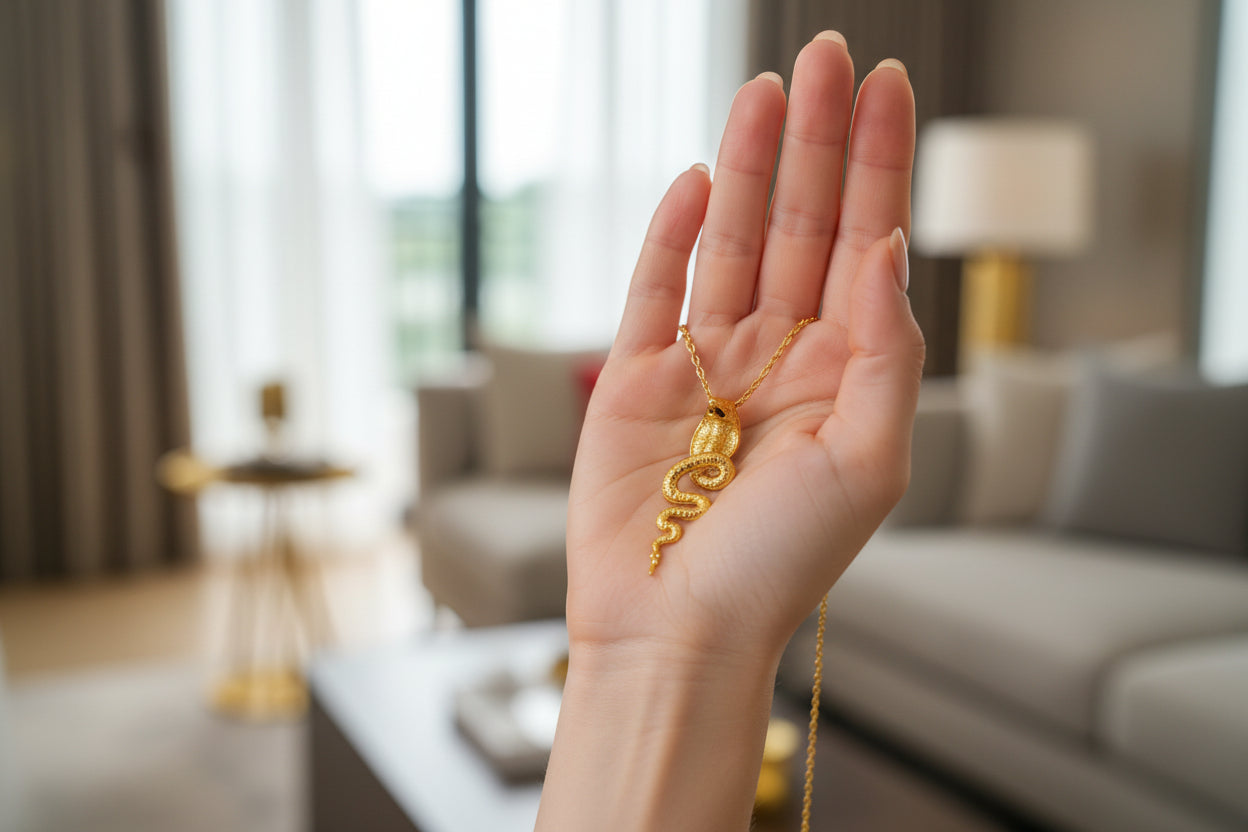 Large Gold Wadjet Snake Pendant Necklace, Egyptian Goddess Jewelry