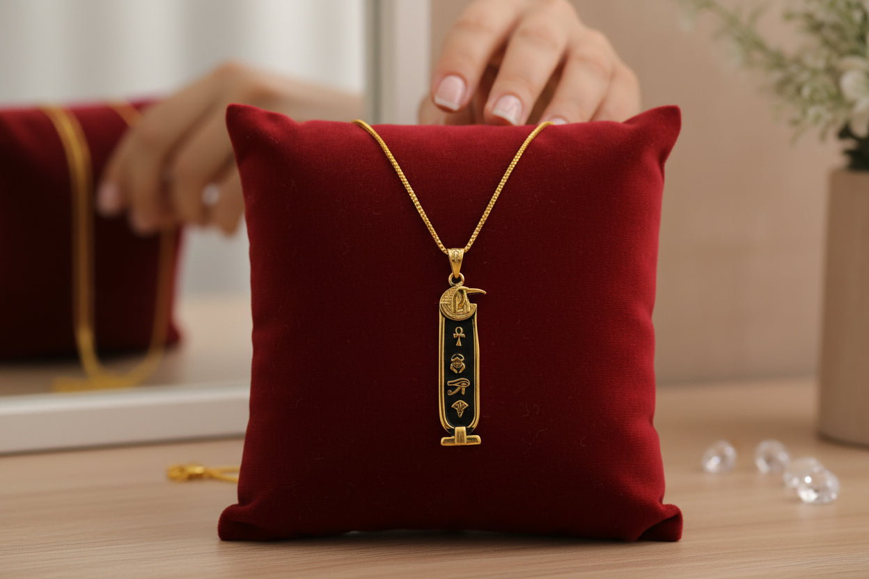 Gold God Thoth Cartouche Necklace, Egyptian Jewelry, Gift For men and Women