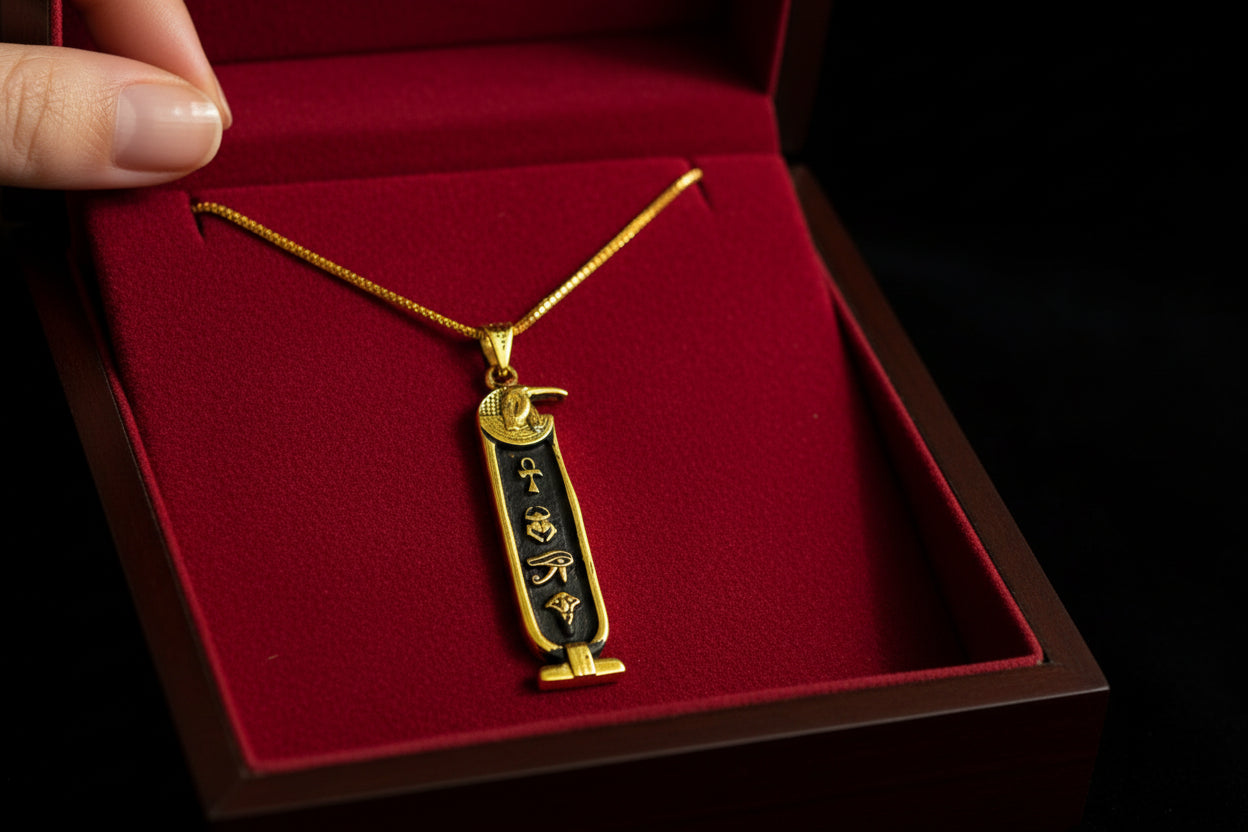 Gold God Thoth Cartouche Necklace, Egyptian Jewelry, Gift For men and Women