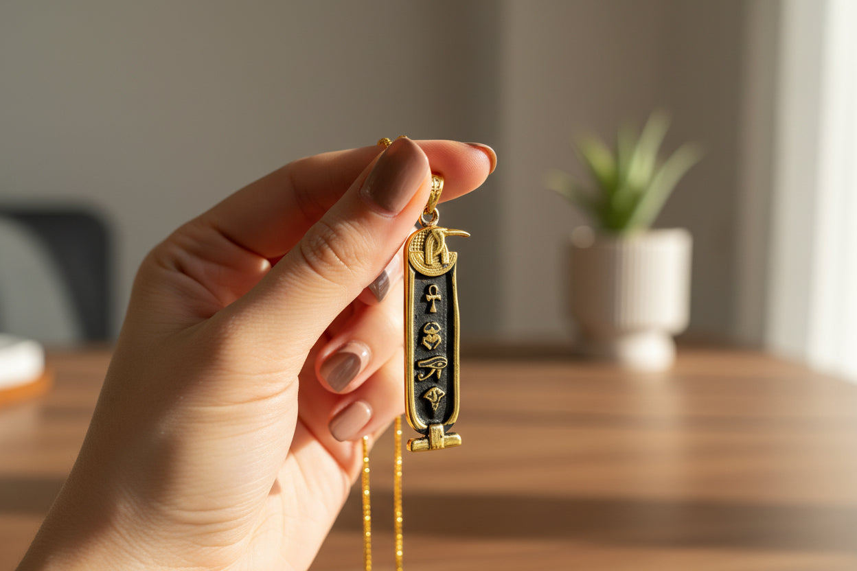 Gold God Thoth Cartouche Necklace, Egyptian Jewelry, Gift For men and Women