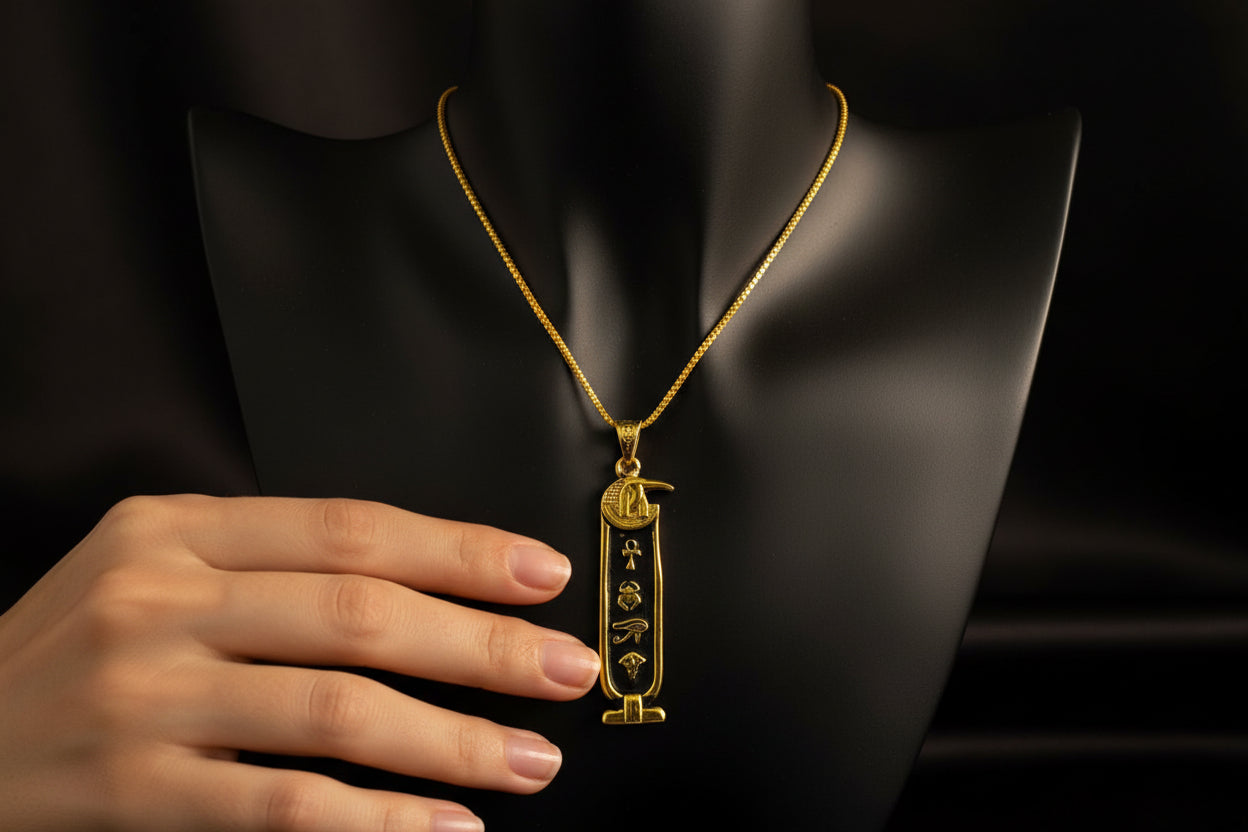 Gold God Thoth Cartouche Necklace, Egyptian Jewelry, Gift For men and Women