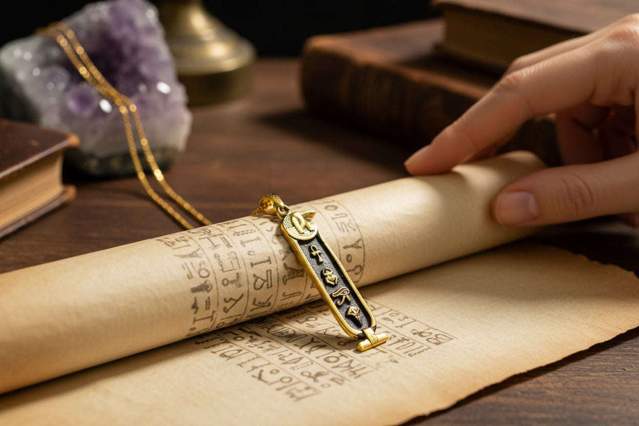 Gold God Thoth Cartouche Necklace, Egyptian Jewelry, Gift For men and Women