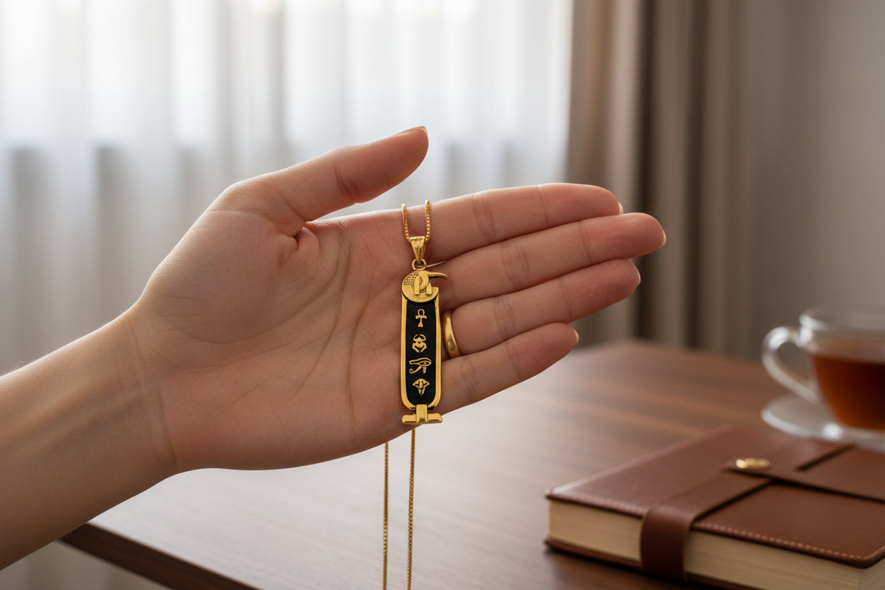 Gold God Thoth Cartouche Necklace, Egyptian Jewelry, Gift For men and Women