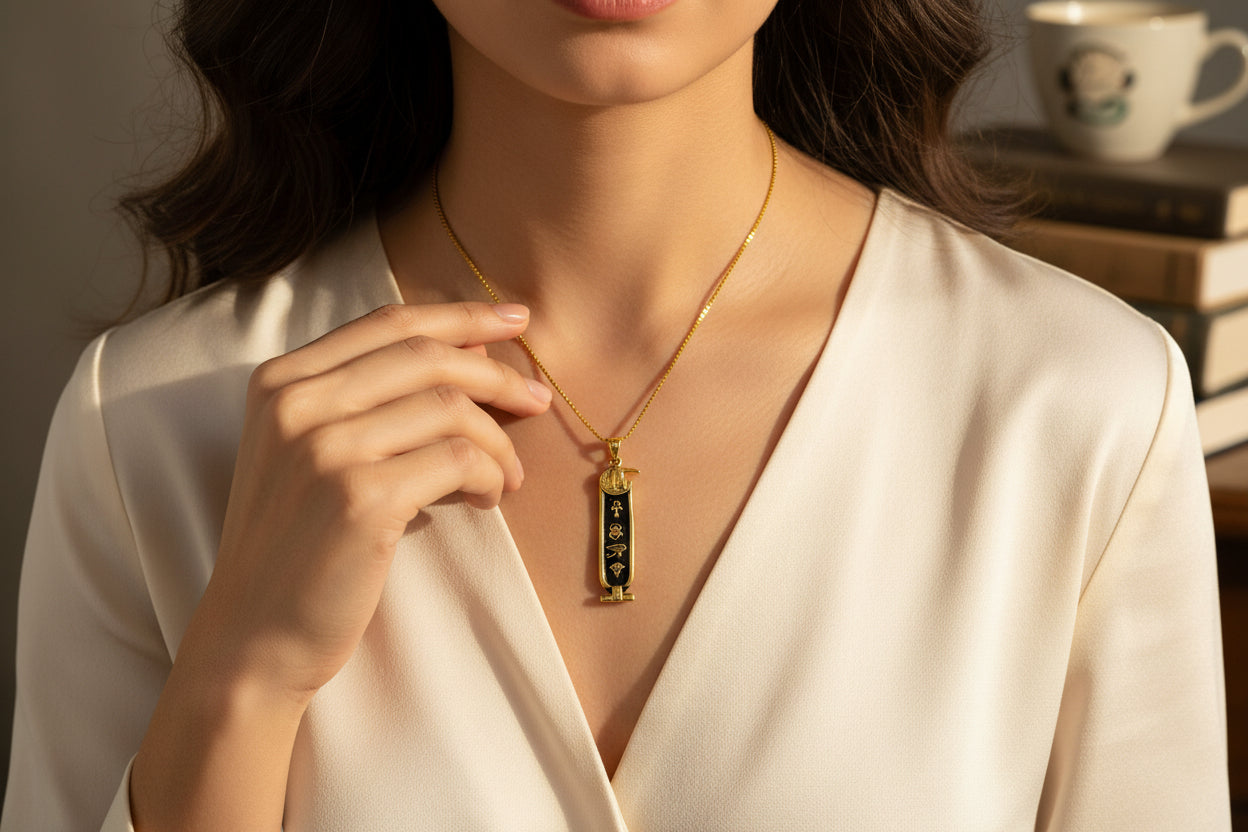 Gold God Thoth Cartouche Necklace, Egyptian Jewelry, Gift For men and Women