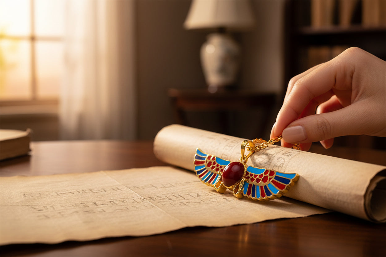 Gold Winged Sun Disk Pendant, Egyptian Revival Agate Necklace