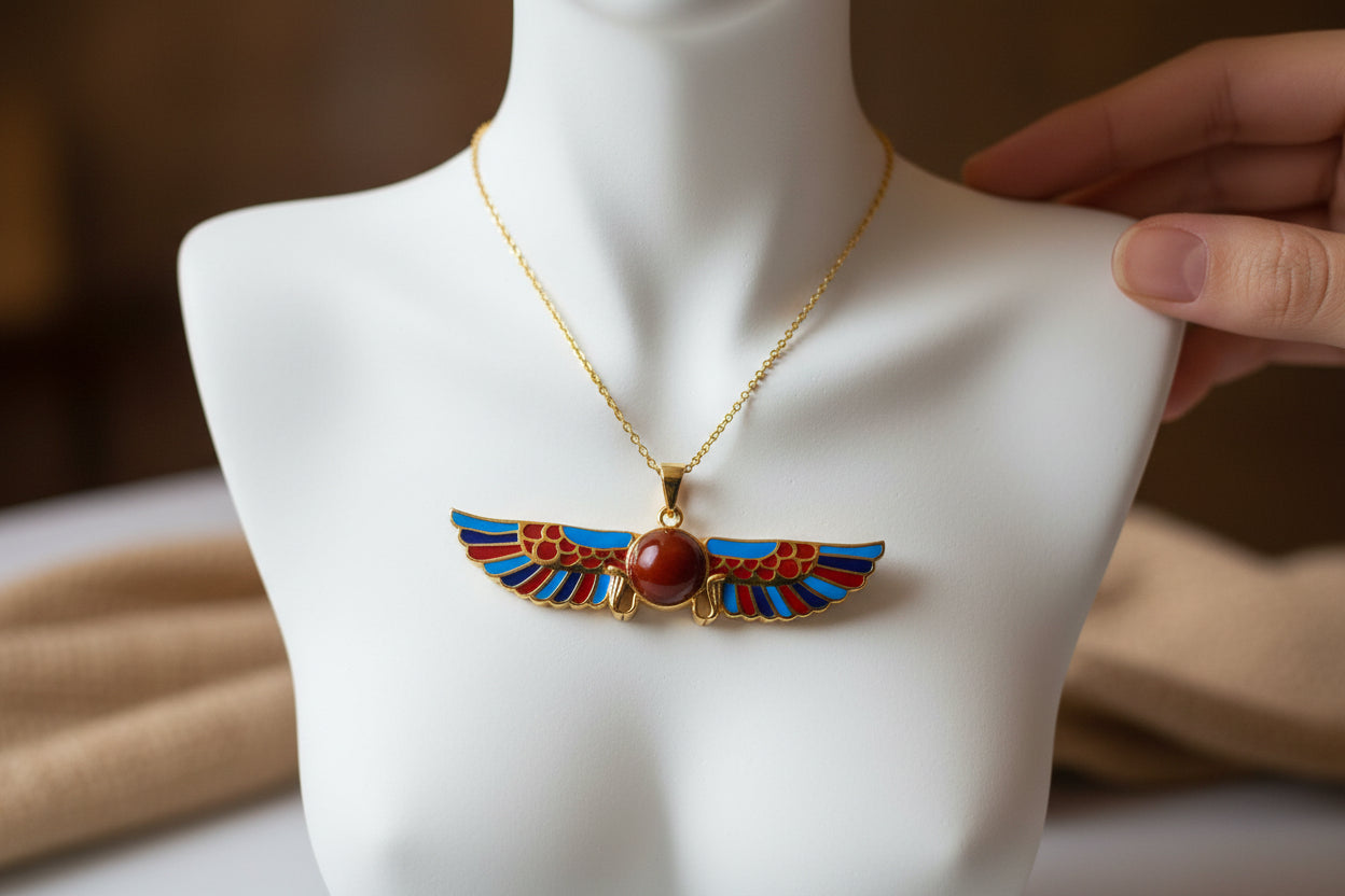 Gold Winged Sun Disk Pendant, Egyptian Revival Agate Necklace