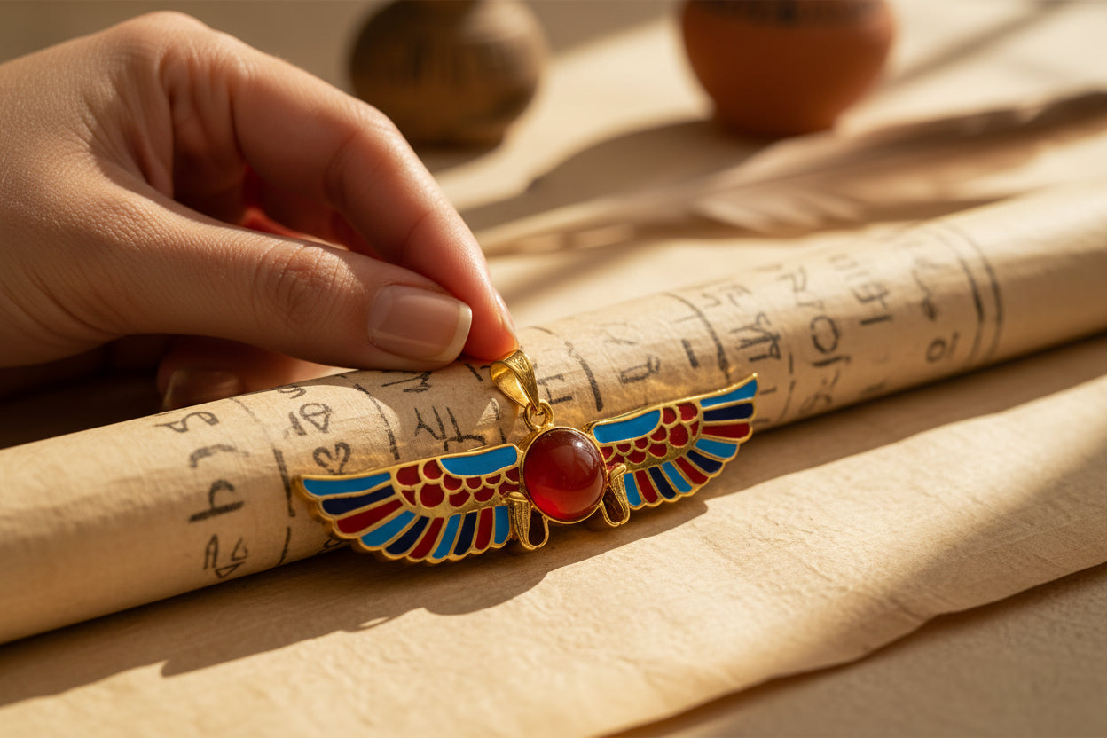 Gold Winged Sun Disk Pendant, Egyptian Revival Agate Necklace
