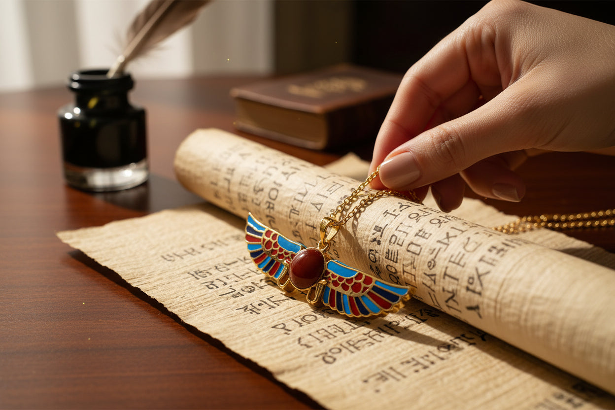 Gold Winged Sun Disk Pendant, Egyptian Revival Agate Necklace