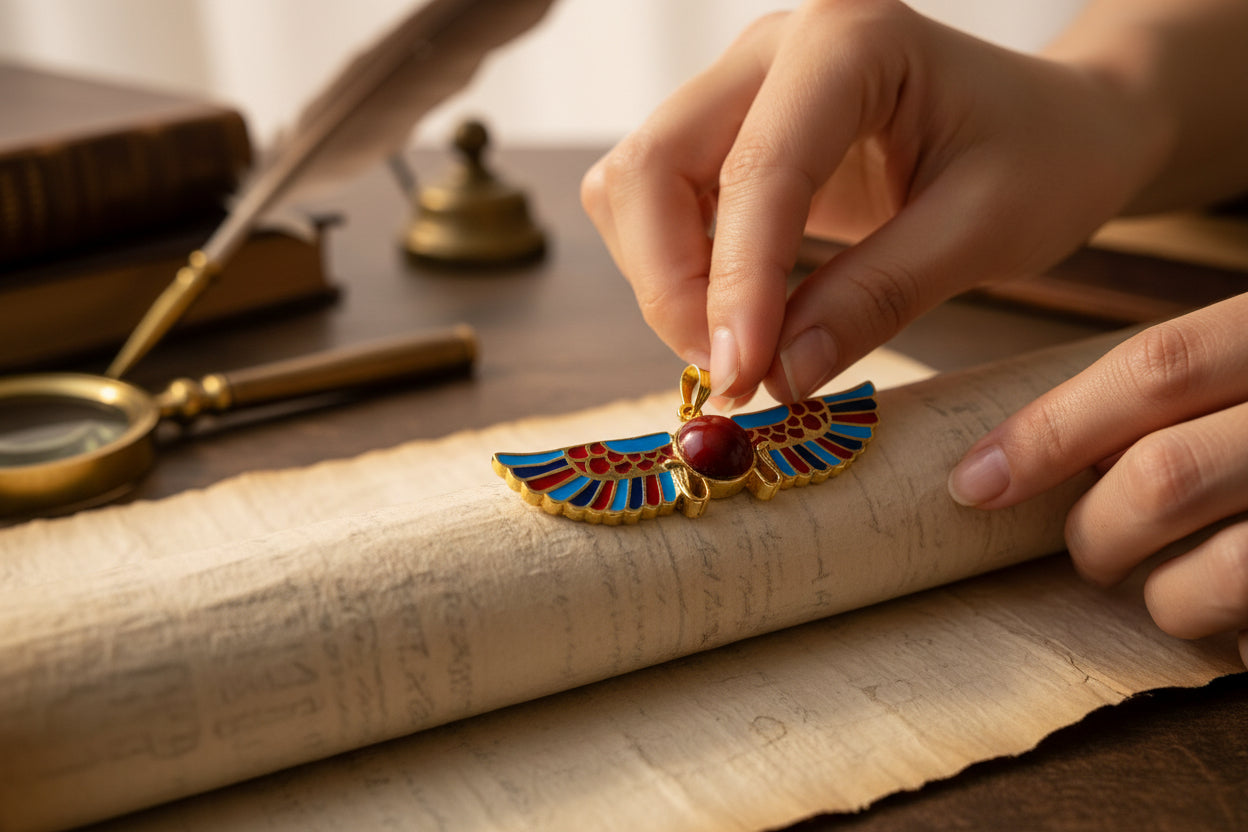 Gold Winged Sun Disk Pendant, Egyptian Revival Agate Necklace