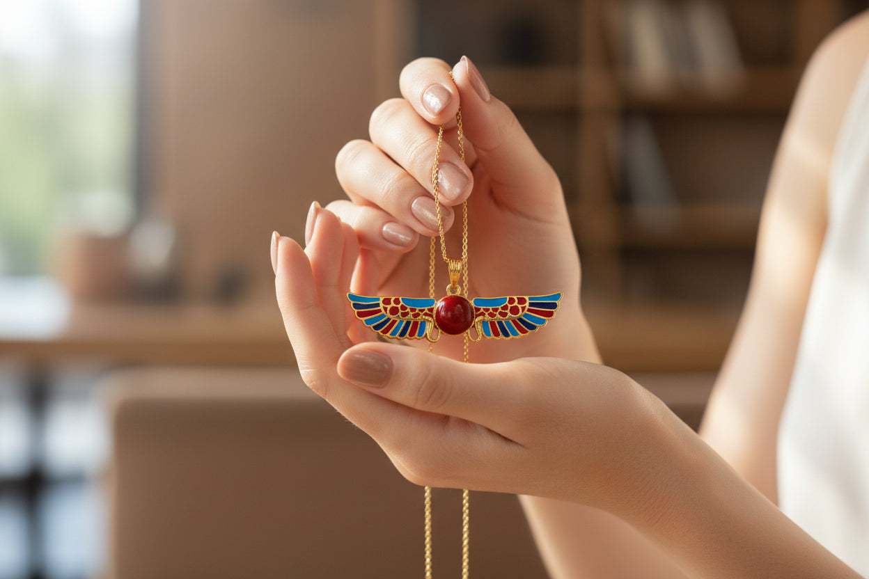 Gold Winged Sun Disk Pendant, Egyptian Revival Agate Necklace