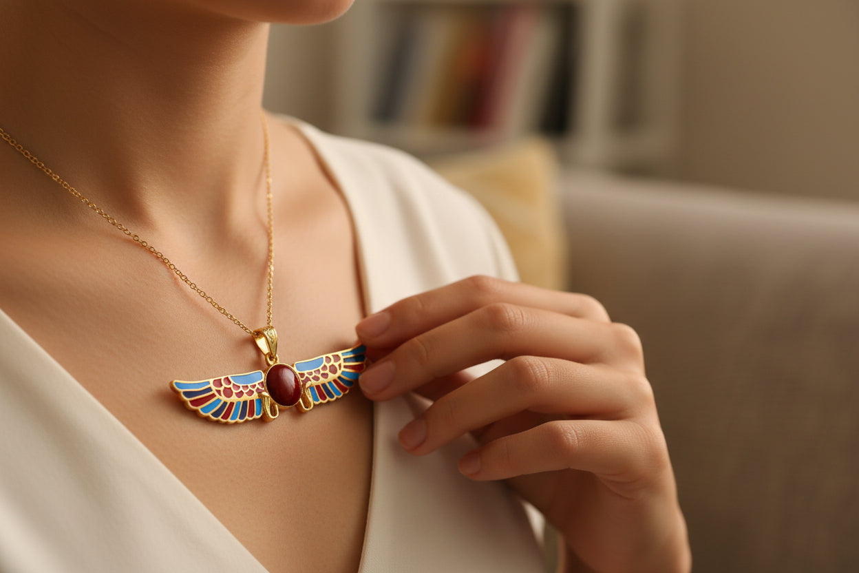 Gold Winged Sun Disk Pendant, Egyptian Revival Agate Necklace