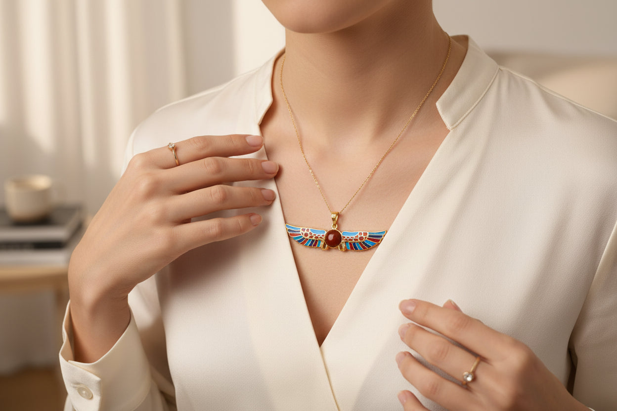 Gold Winged Sun Disk Pendant, Egyptian Revival Agate Necklace