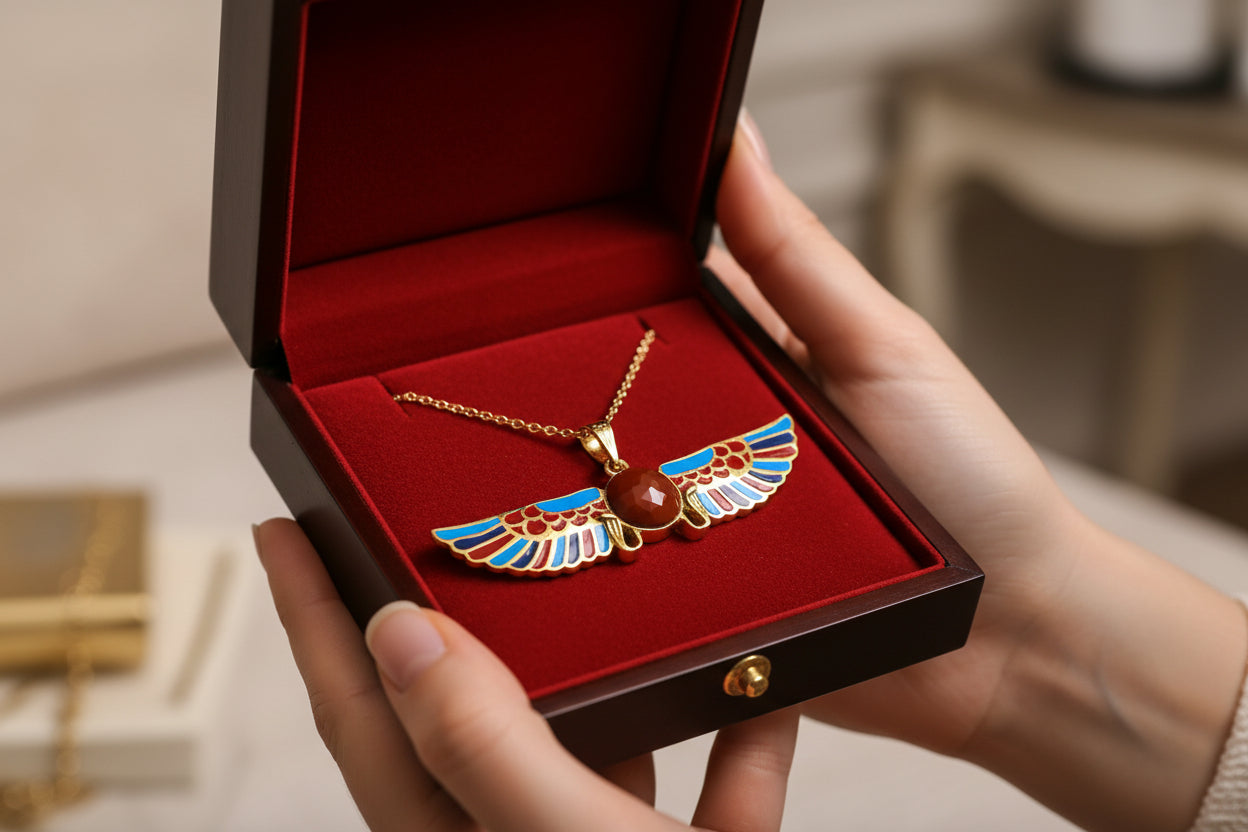 Gold Winged Sun Disk Pendant, Egyptian Revival Agate Necklace