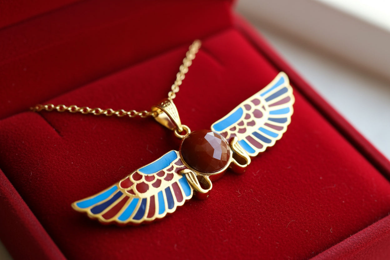 Gold Winged Sun Disk Pendant, Egyptian Revival Agate Necklace
