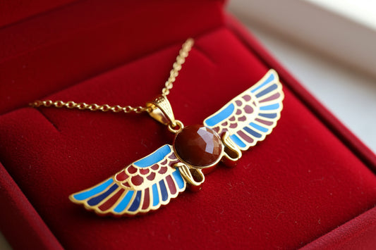 Gold Winged Sun Disk Pendant, Egyptian Revival Agate Necklace