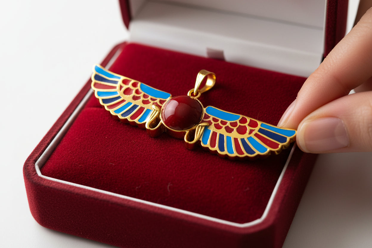 Gold Winged Sun Disk Pendant, Egyptian Revival Agate Necklace