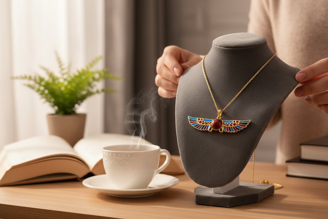 Gold Winged Sun Disk Pendant, Egyptian Revival Agate Necklace