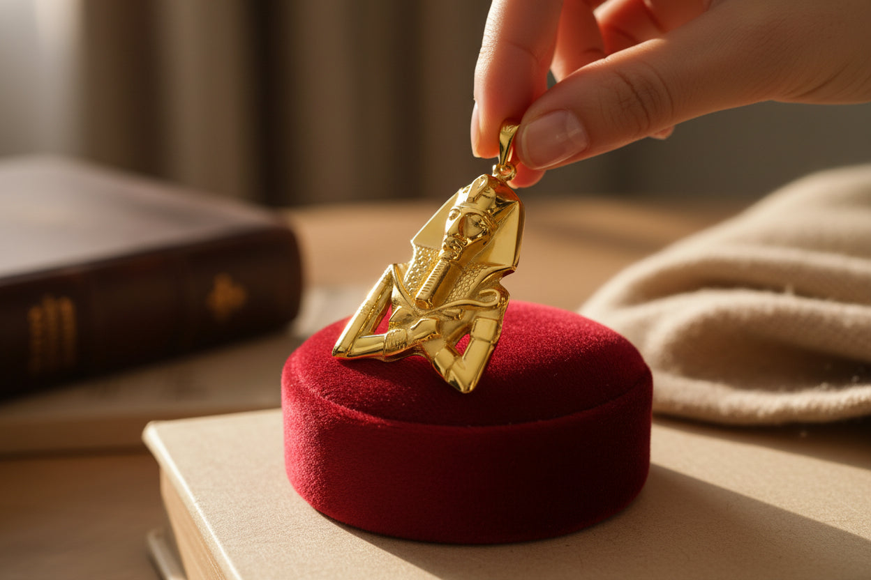 Gold Akhenaton Pendant Necklace, Handmade Egyptian Revival Talisman