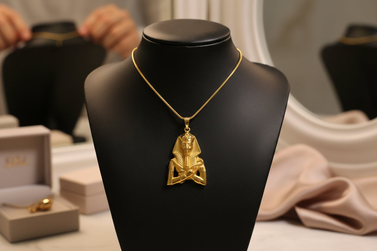 Gold Akhenaton Pendant Necklace, Handmade Egyptian Revival Talisman