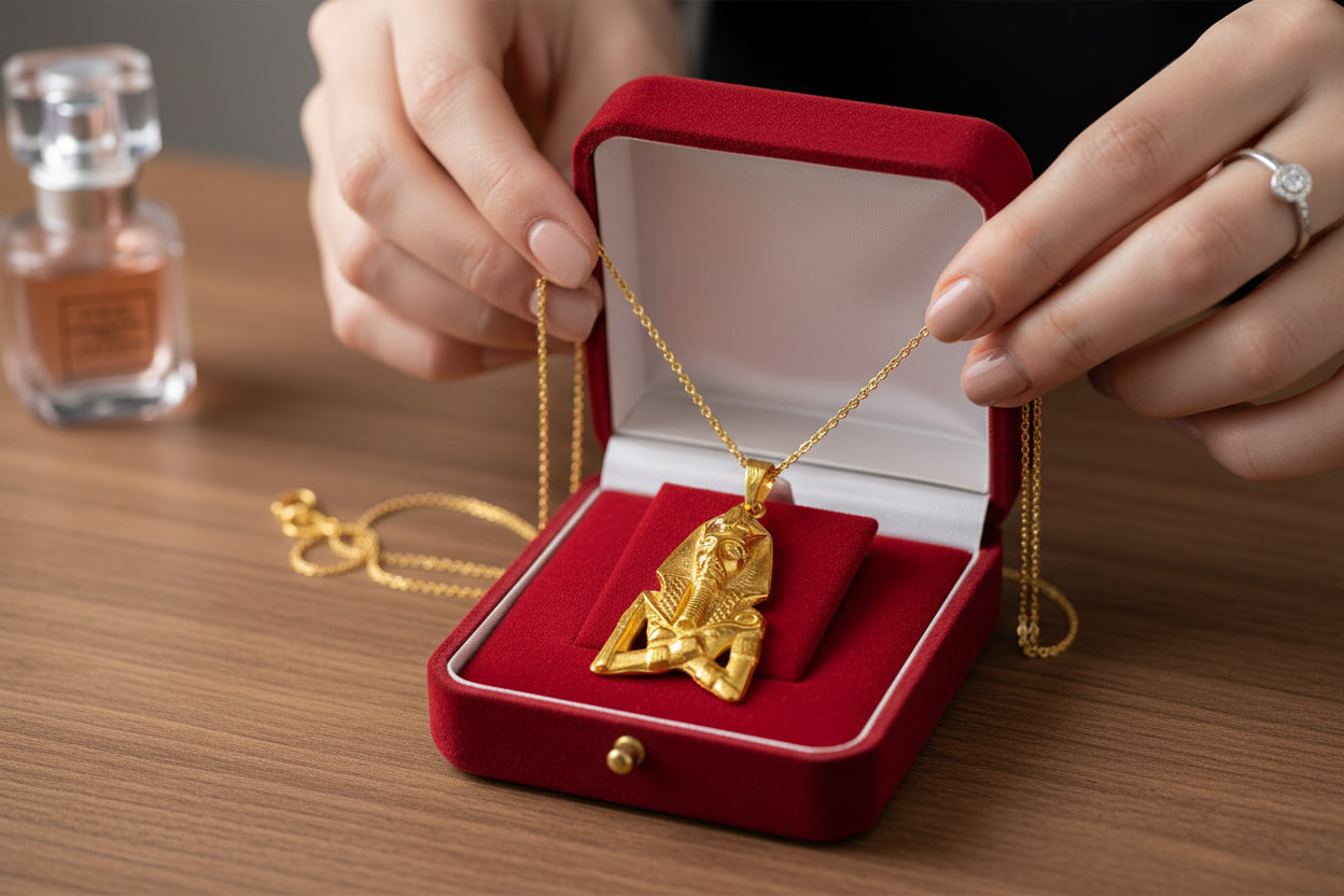 Gold Akhenaton Pendant Necklace, Handmade Egyptian Revival Talisman