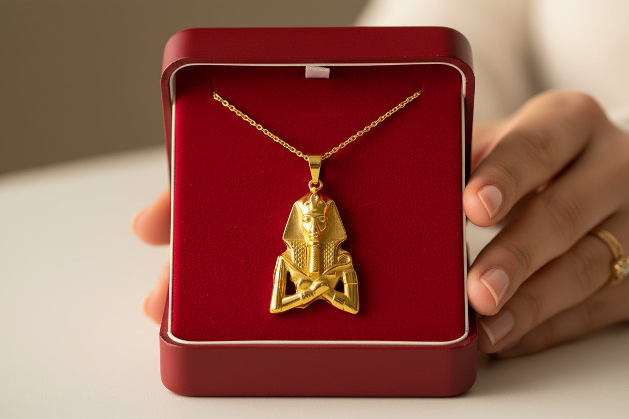 Gold Akhenaton Pendant Necklace, Handmade Egyptian Revival Talisman