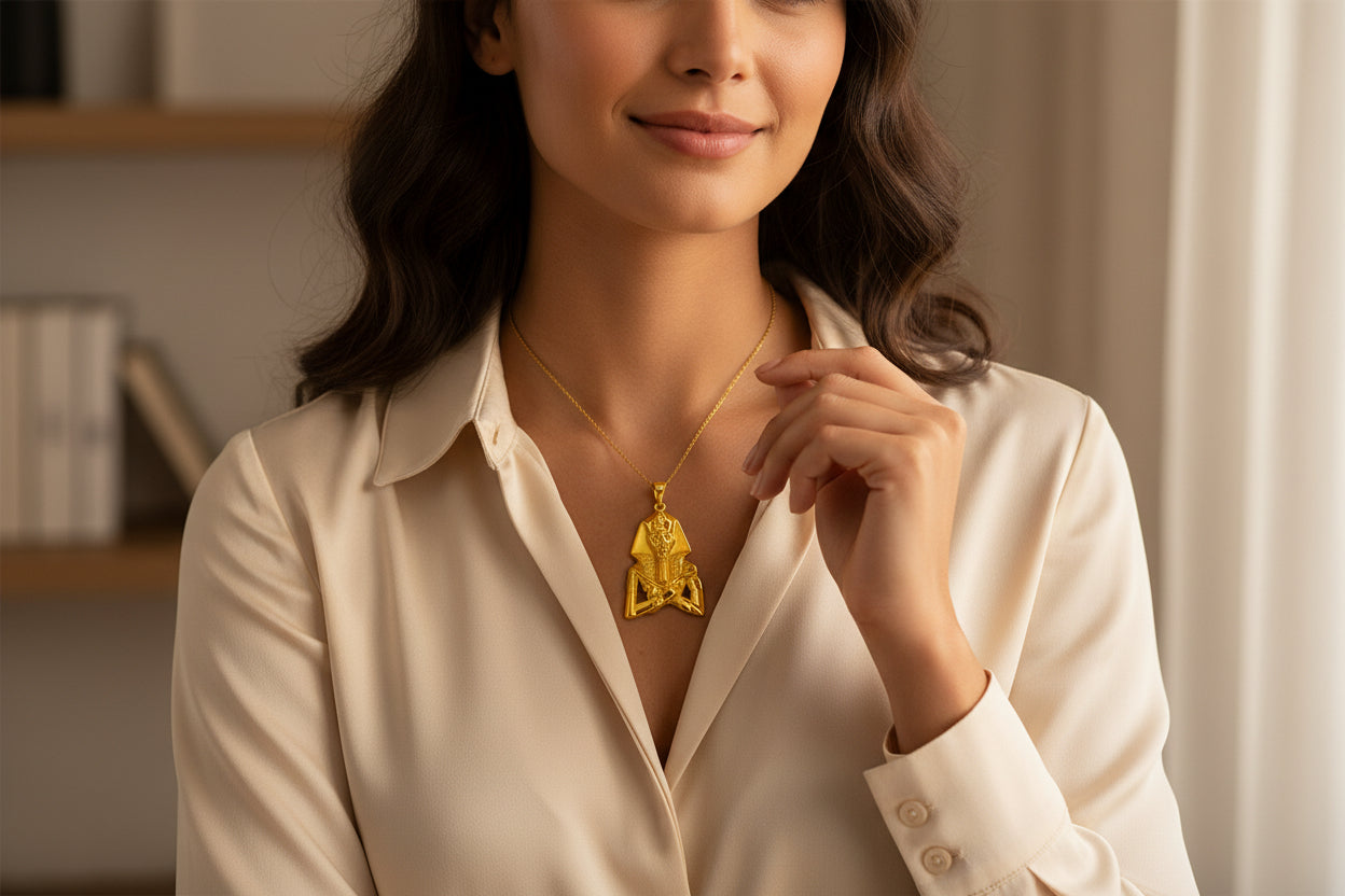 Gold Akhenaton Pendant Necklace, Handmade Egyptian Revival Talisman