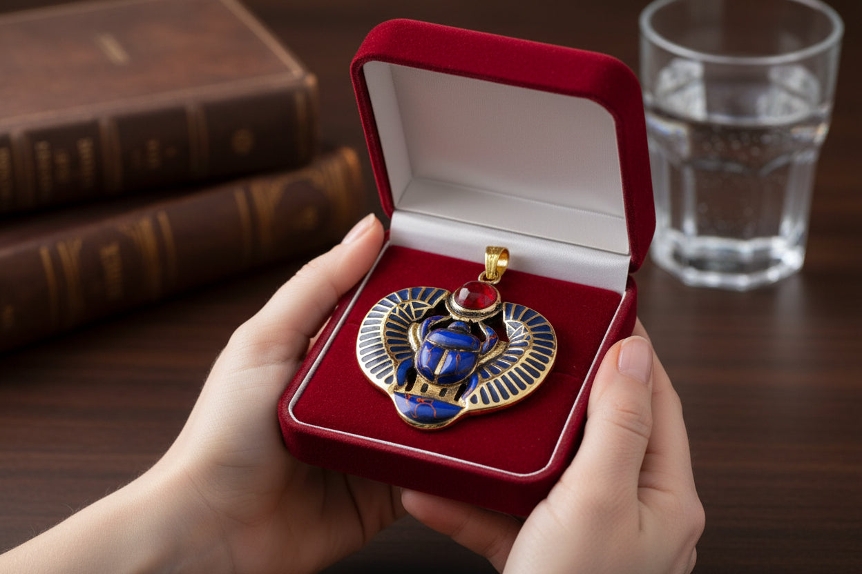 Gold Egyptian Scarab Lapis Lazuli Necklace, Handmade Talisman