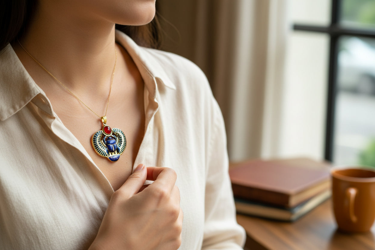 Gold Egyptian Scarab Lapis Lazuli Necklace, Handmade Talisman