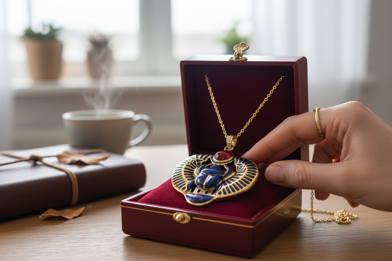 Gold Egyptian Scarab Lapis Lazuli Necklace, Handmade Talisman