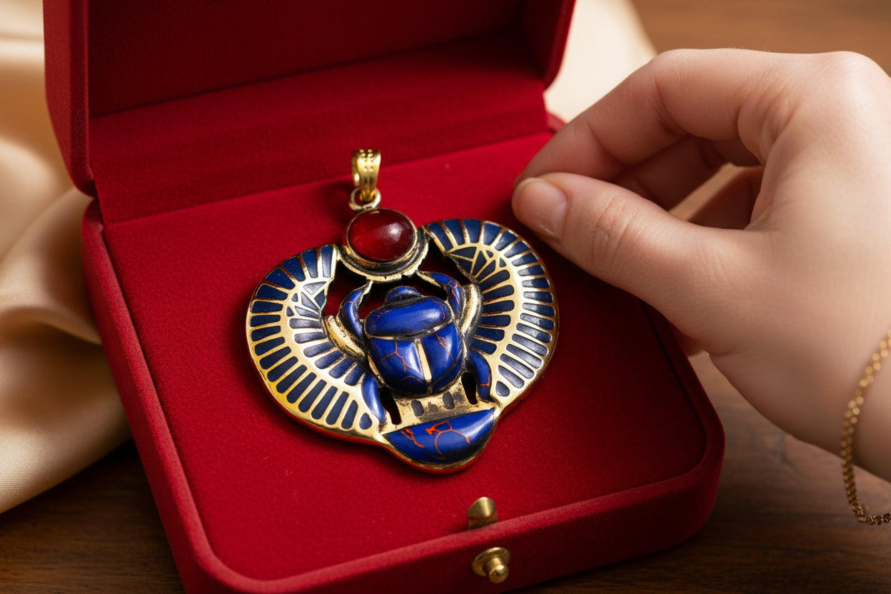 Gold Egyptian Scarab Lapis Lazuli Necklace, Handmade Talisman