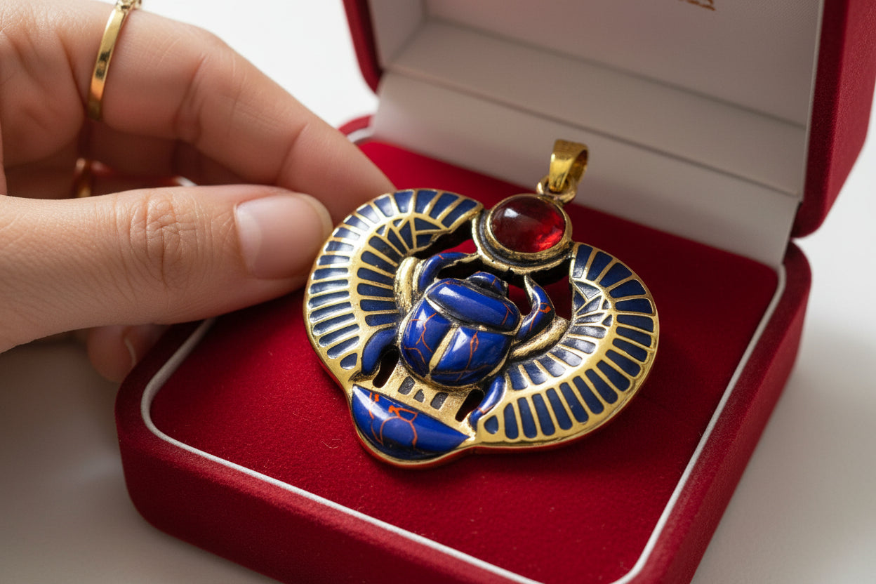 Gold Egyptian Scarab Lapis Lazuli Necklace, Handmade Talisman