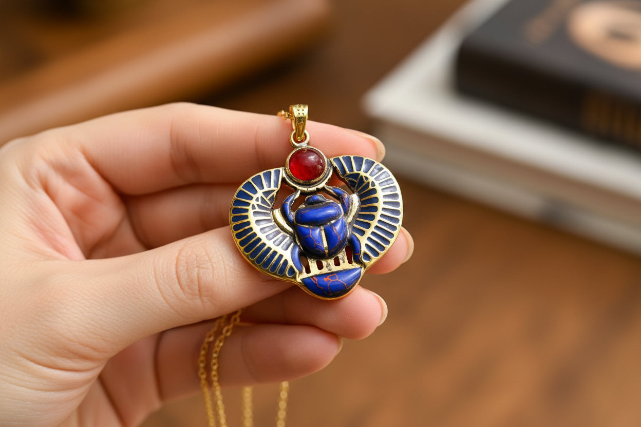 Gold Egyptian Scarab Lapis Lazuli Necklace, Handmade Talisman