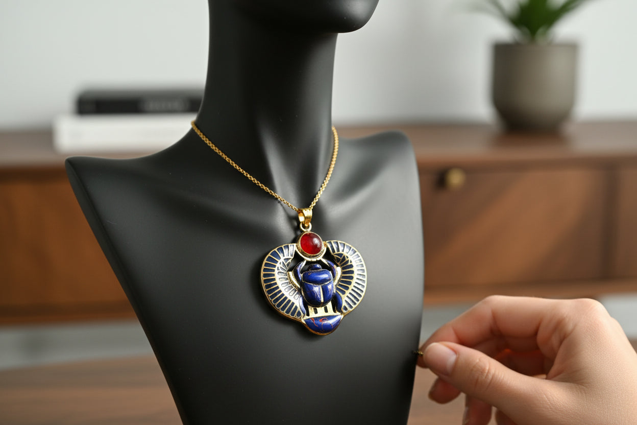 Gold Egyptian Scarab Lapis Lazuli Necklace, Handmade Talisman