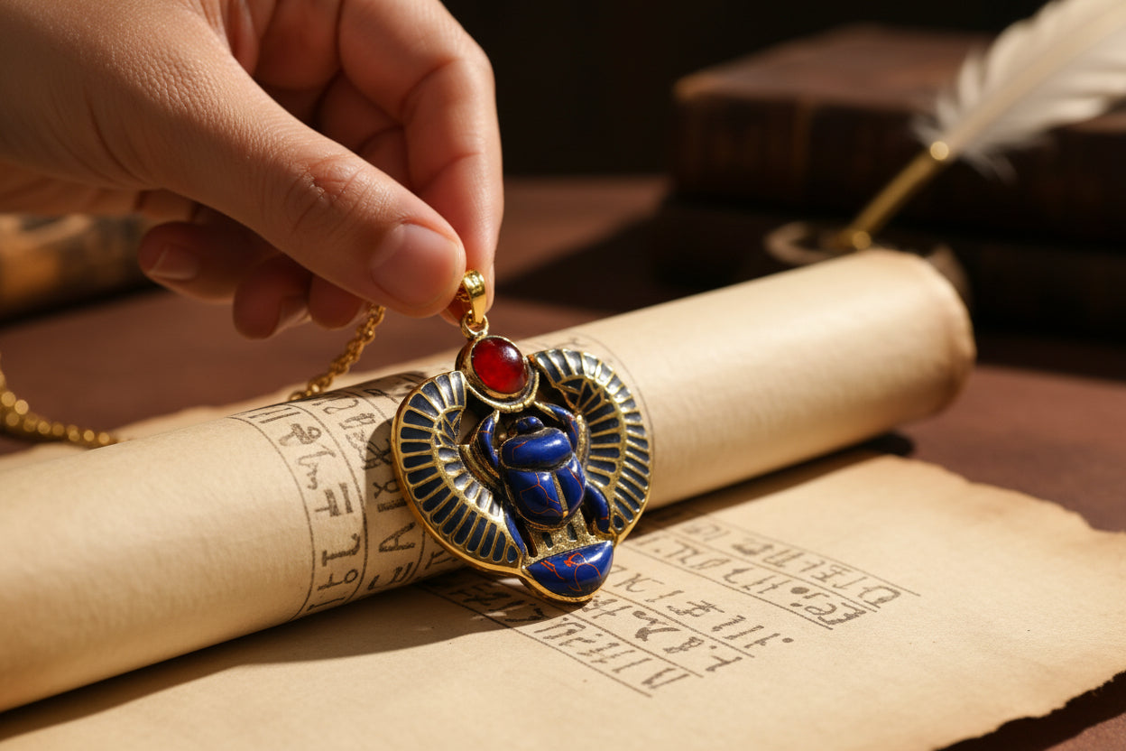 Gold Egyptian Scarab Lapis Lazuli Necklace, Handmade Talisman