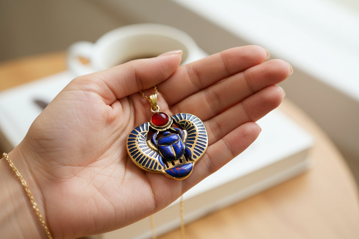 Gold Egyptian Scarab Lapis Lazuli Necklace, Handmade Talisman