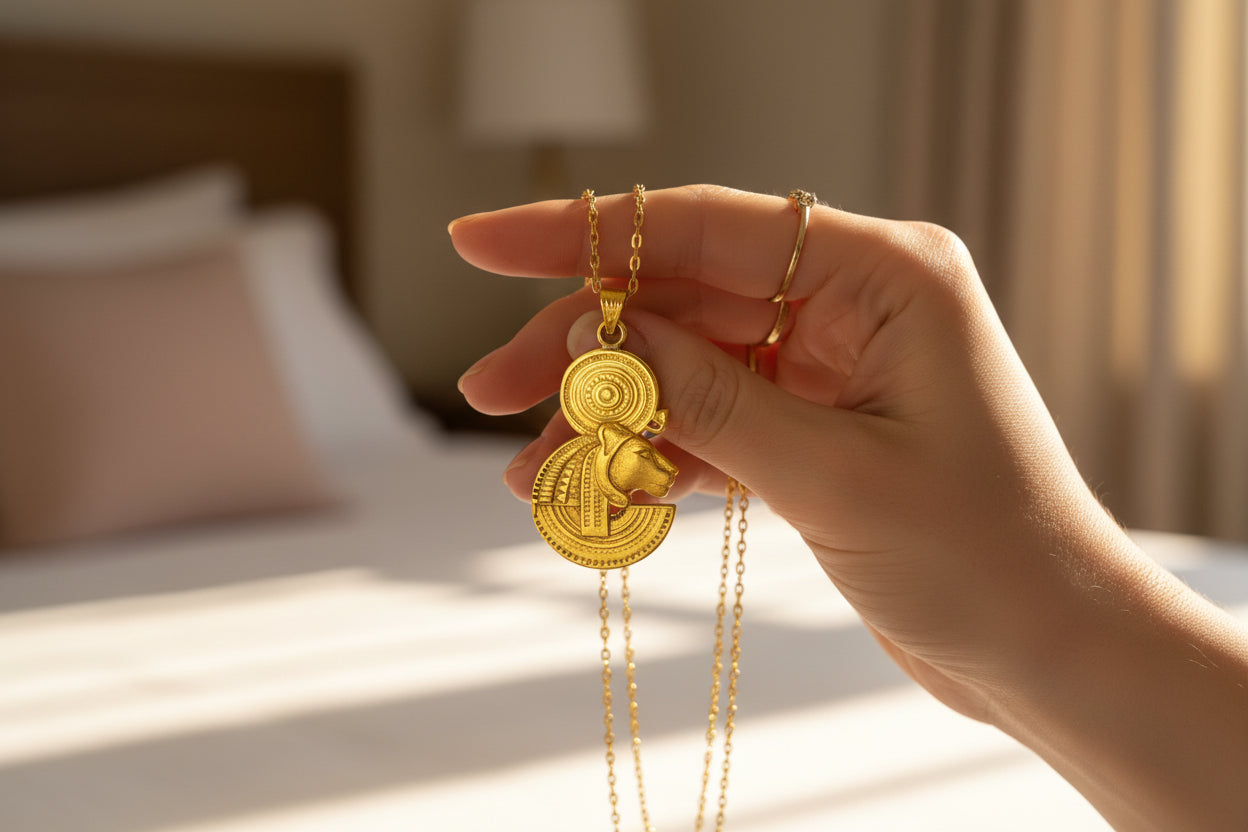 Gold Sekhmet Pendant, Egyptian Revival Necklace, Divine Talisman