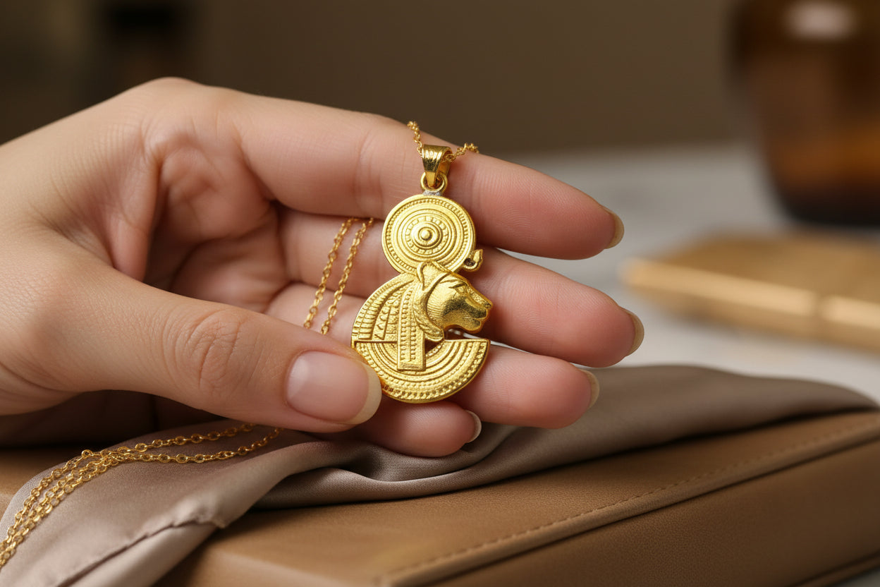 Gold Sekhmet Pendant, Egyptian Revival Necklace, Divine Talisman