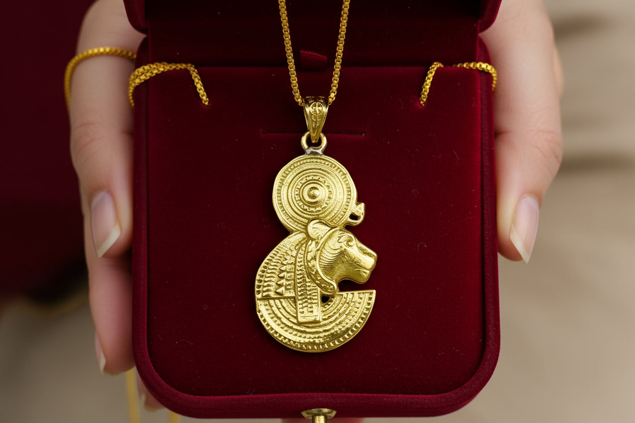 Gold Sekhmet Pendant, Egyptian Revival Necklace, Divine Talisman