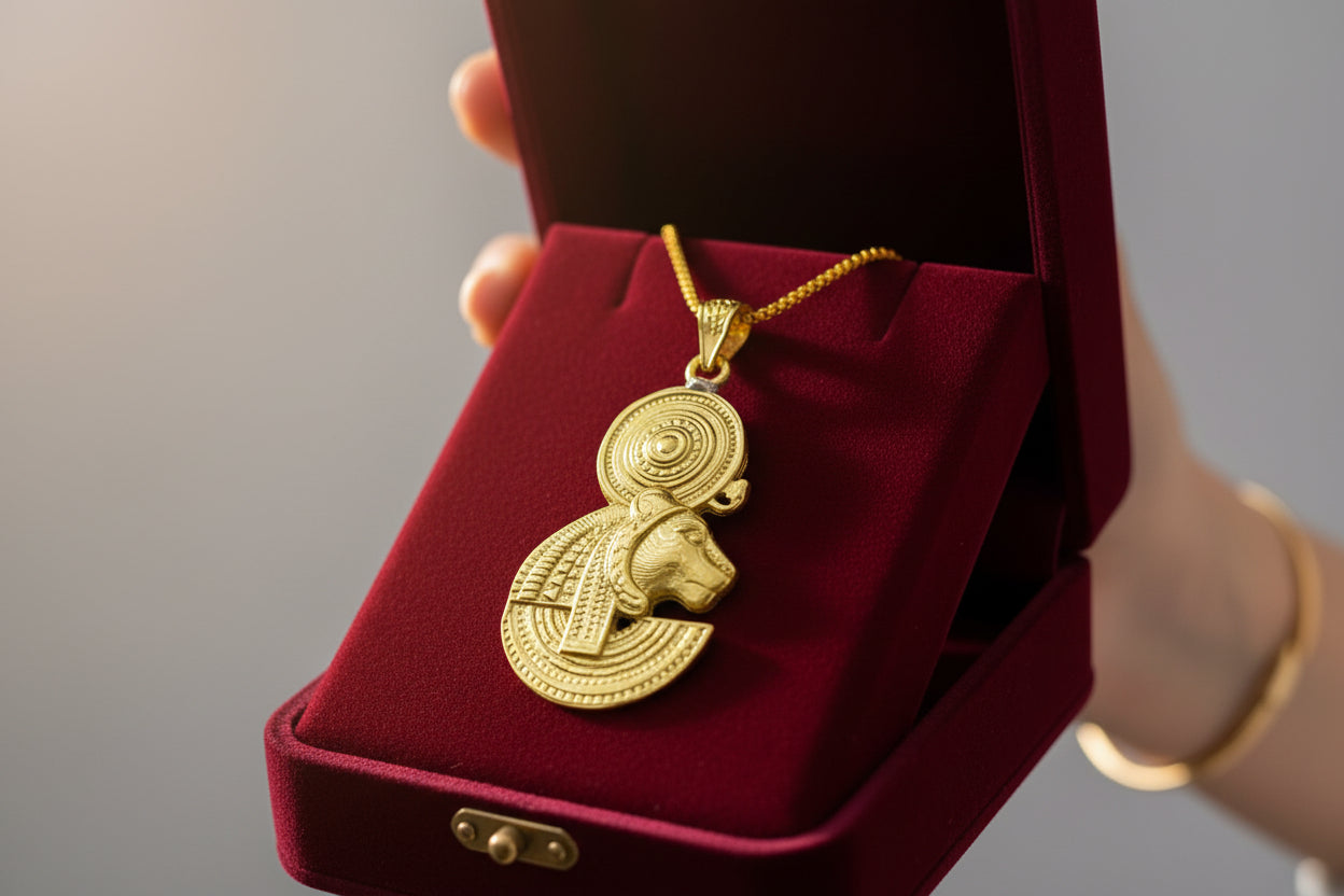 Gold Sekhmet Pendant, Egyptian Revival Necklace, Divine Talisman