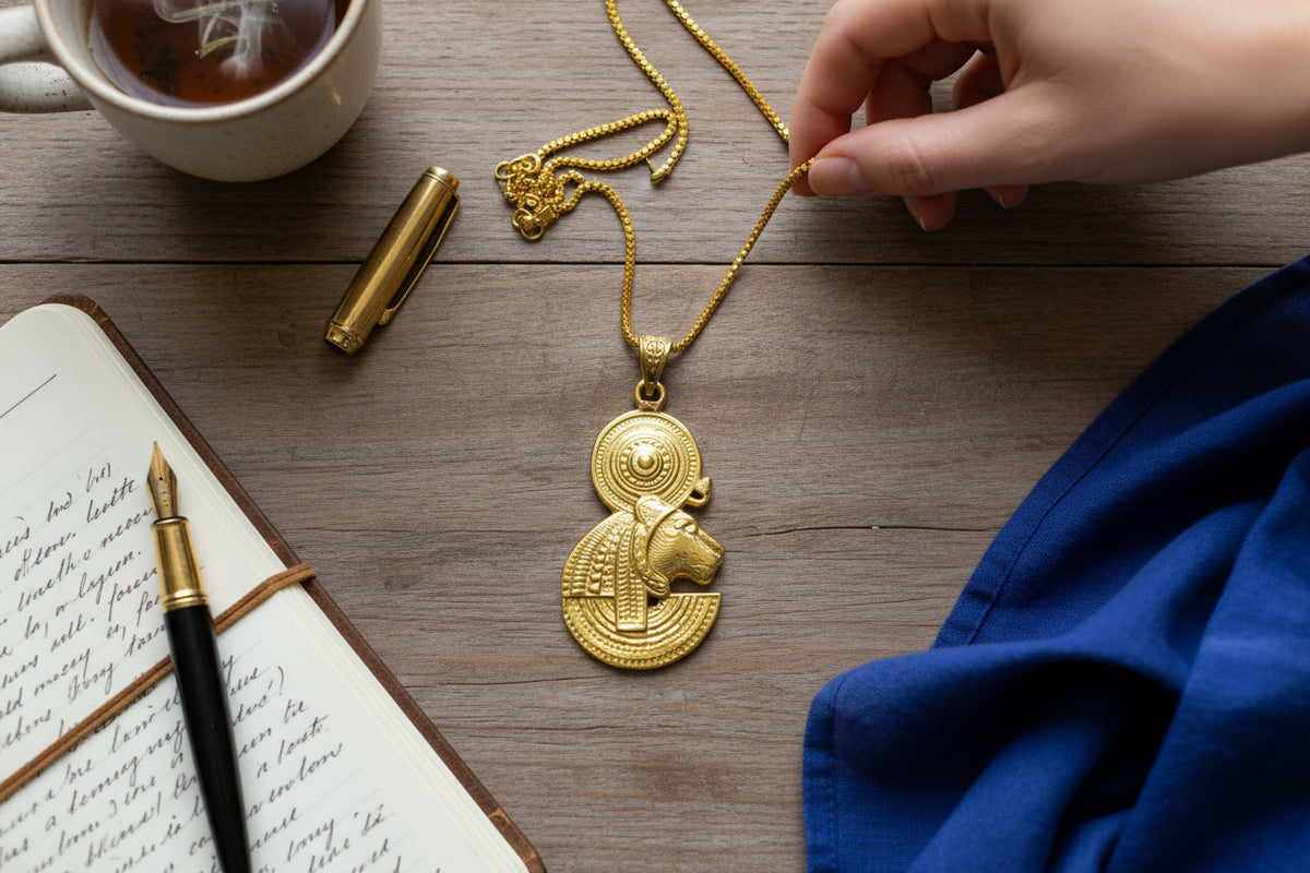 Gold Sekhmet Pendant, Egyptian Revival Necklace, Divine Talisman
