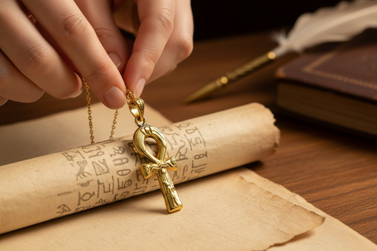 Gold Akhenaton Prayers Ankh Pendant,  Egyptian Amulet Necklace