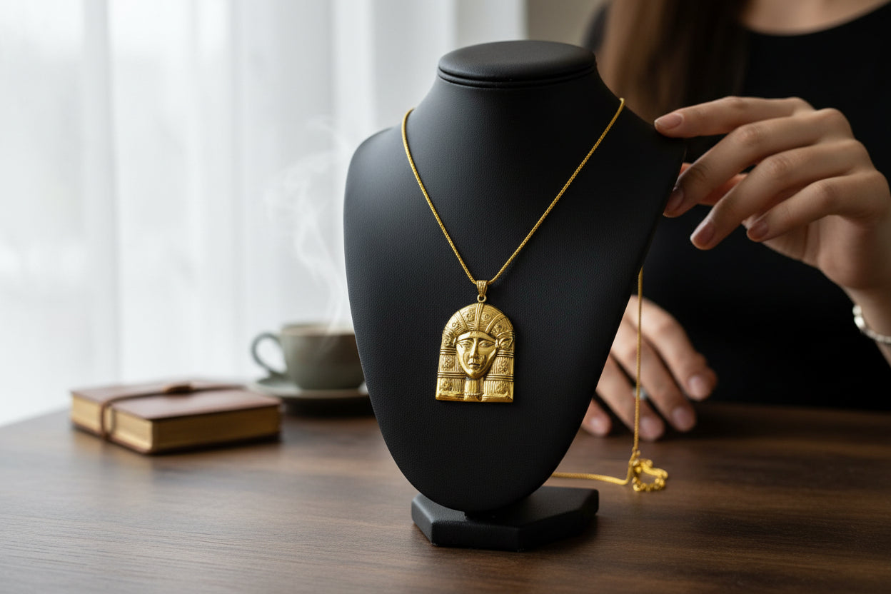 Gold Goddess Hathor Pendant: Large Egyptian Goddess Necklace