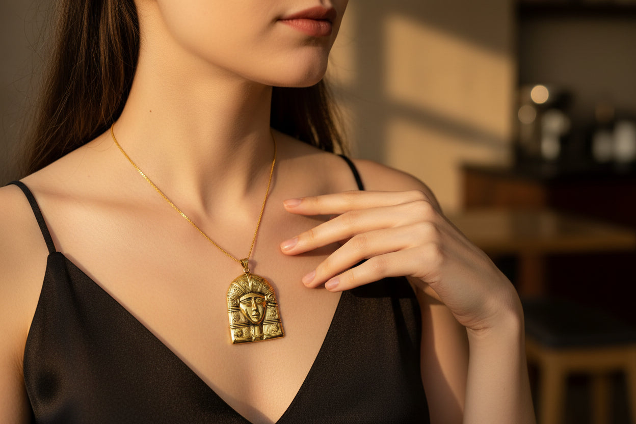 Gold Goddess Hathor Pendant: Large Egyptian Goddess Necklace