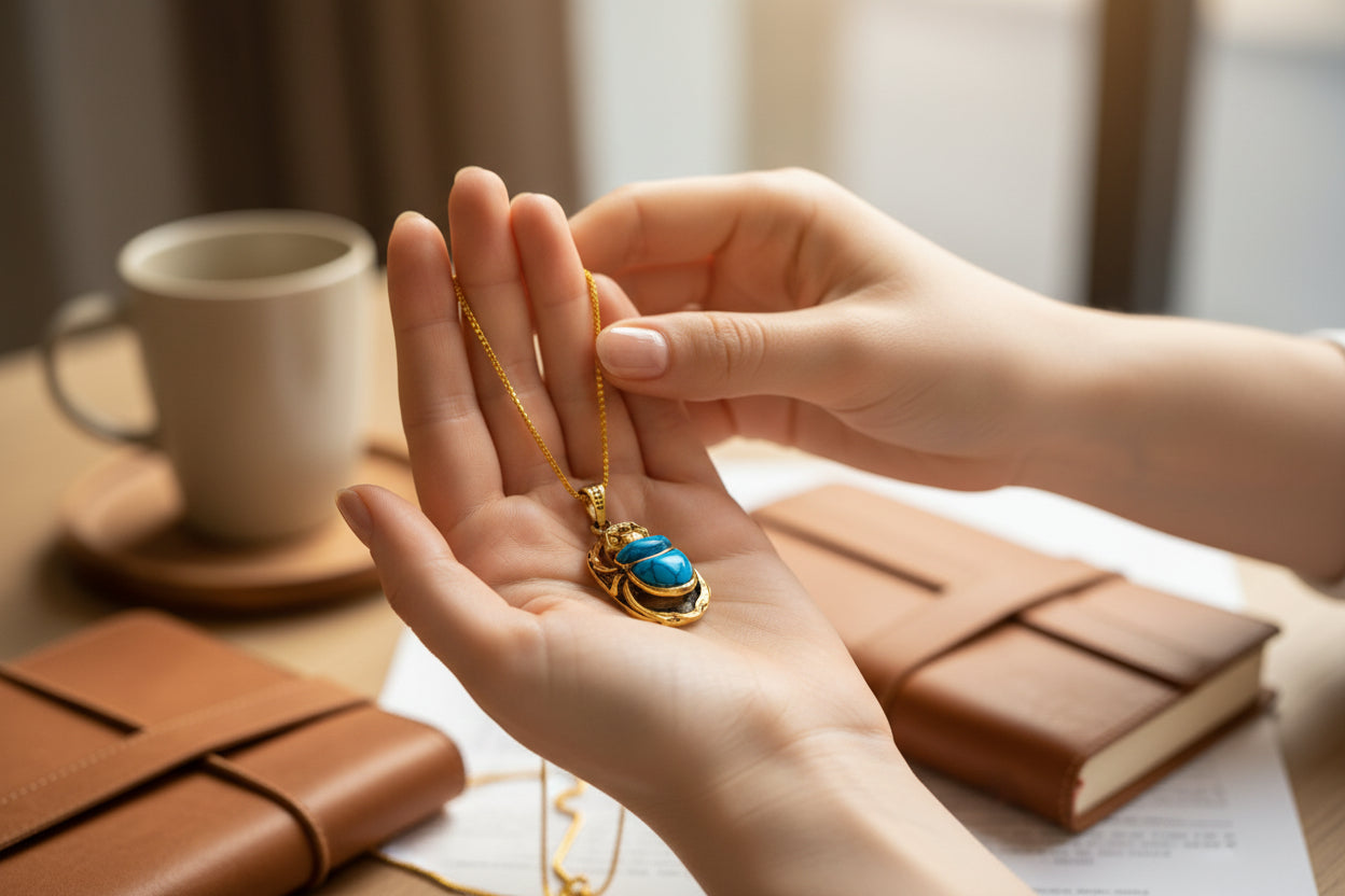 Gold Egyptian Scarab Pendant Necklace, Turquoise Talisman Jewelry