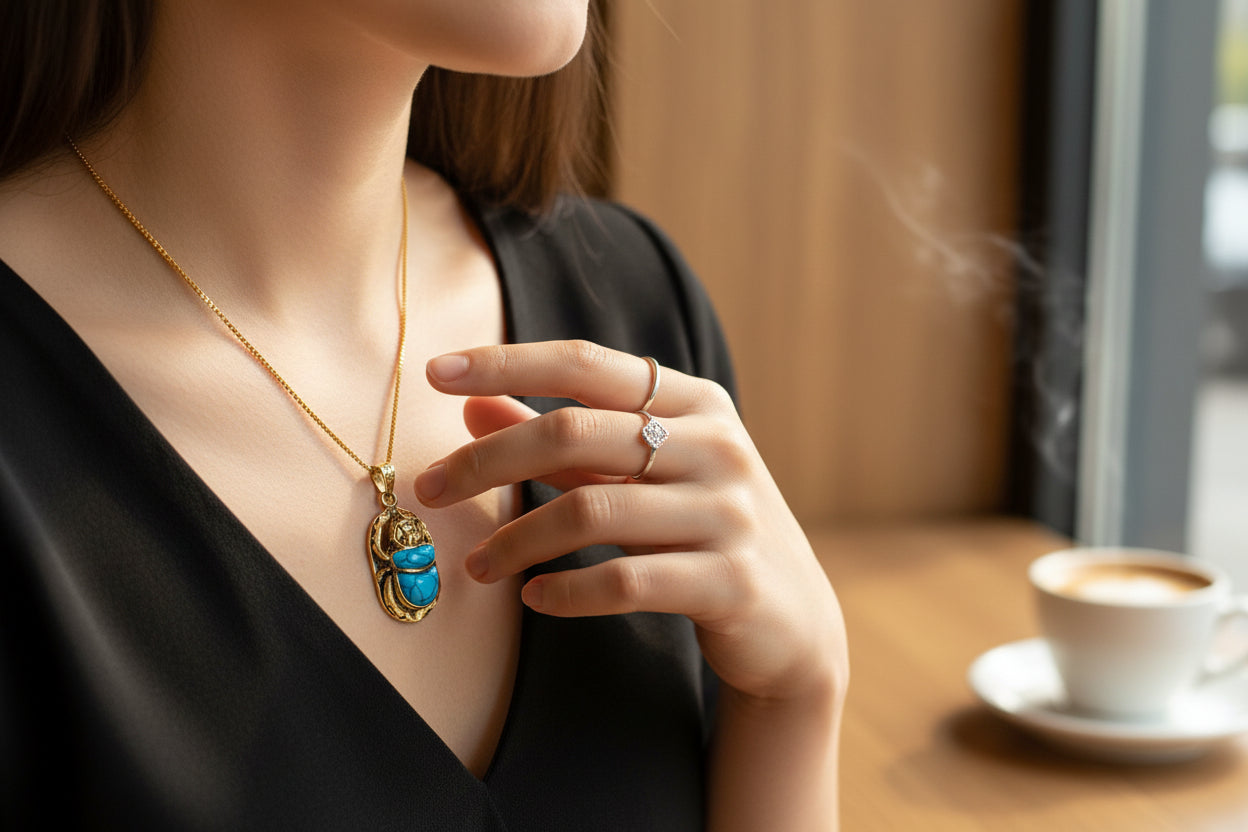 Gold Egyptian Scarab Pendant Necklace, Turquoise Talisman Jewelry