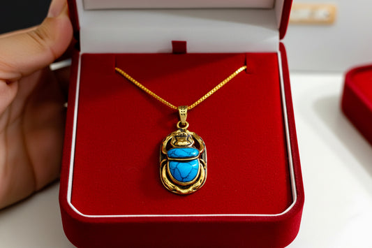 Gold Egyptian Scarab Pendant Necklace, Turquoise Talisman Jewelry
